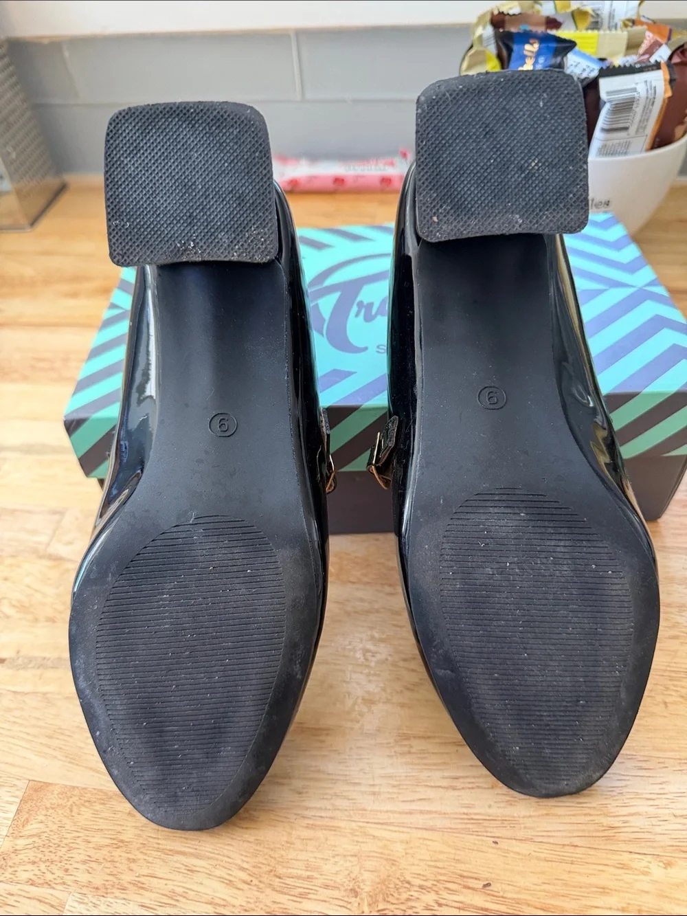 Trary Black Patent Mary Jane Heels with Strap